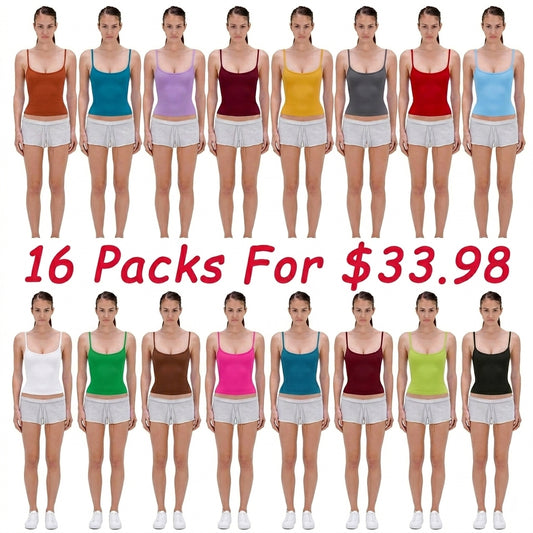 🔥Last day promotion🔥16-Pack Athleisure Set for Women – Soft Stretchy Camisole Tops & Comfortable Workout Shorts, Basic Summer Daily Outfit Essentials for Fitness, Yoga & Lounging