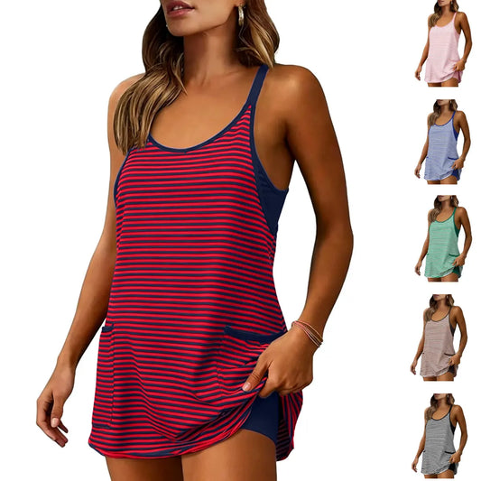 Women's Summer Sleeveless 4th Of July Striped Mini Dress with Built-in Shorts V Neck Spaghetti Straps Athletic Shorts Tennis Dress with Pockets