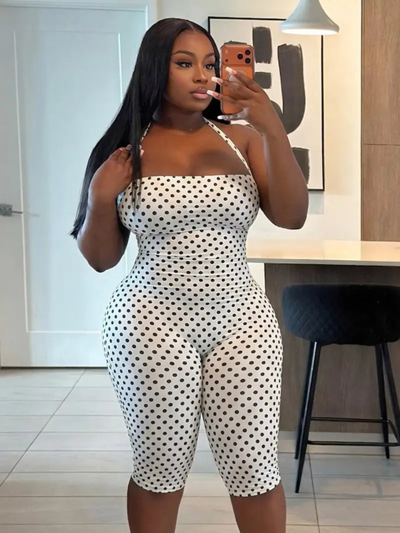 Women's Polka Dot Sleeveless Halter Bodycon Fit Long Pants, Elegant Retro Chic Style, Perfect for Daily Commute and Dates