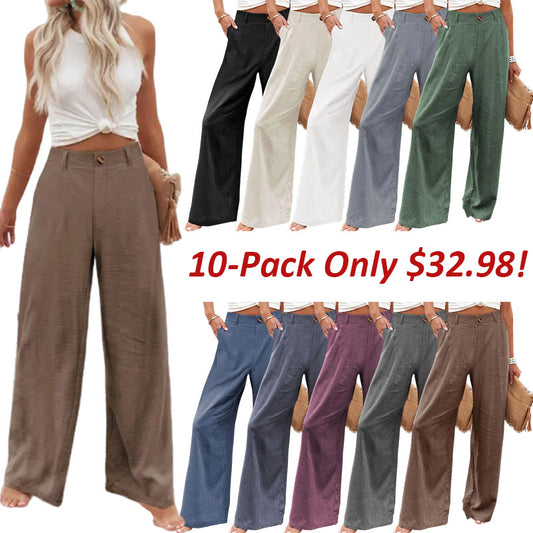 🔥Last day promotion🔥Womens Cotton Linen Pants Casual Button Up High Waisted Wide Leg Trousers Wideleg