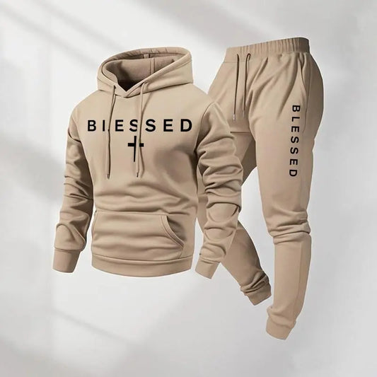 Blessed Cross Letter Print Hoodie & Drawstring Sweatpants Set
