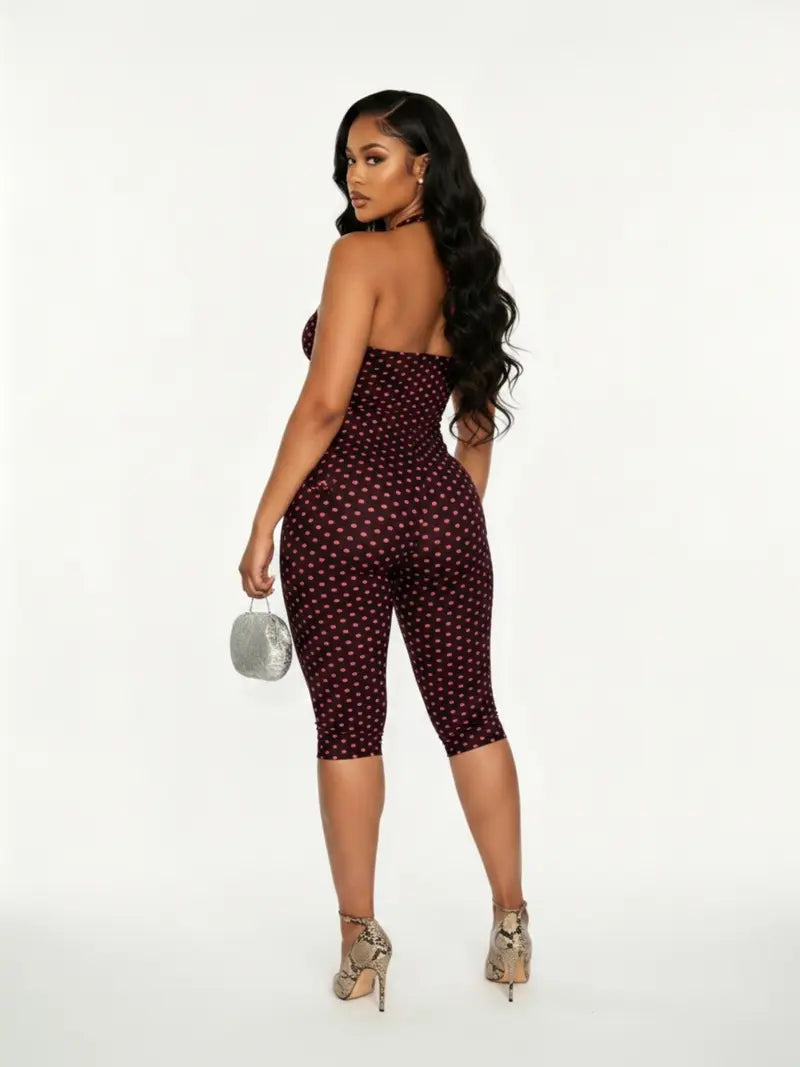 Women's Polka Dot Sleeveless Halter Bodycon Fit Long Pants, Elegant Retro Chic Style, Perfect for Daily Commute and Dates