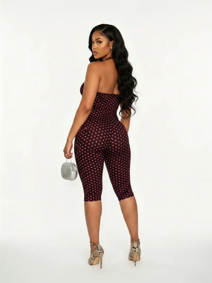 Women's Polka Dot Sleeveless Halter Bodycon Fit Long Pants, Elegant Retro Chic Style, Perfect for Daily Commute and Dates