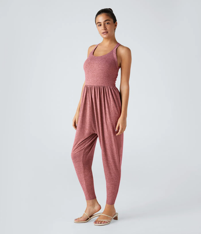 💝Last day promotion-⏰Backless Twisted U Neck Side Pocket Harem Casual Jumpsuit-Easy Peezy Edition