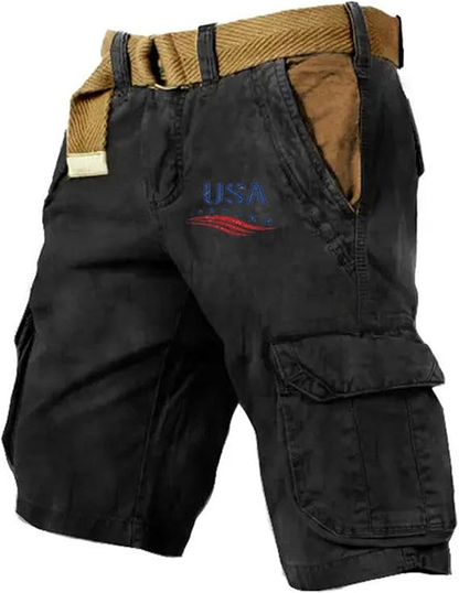 Men's Vintage Flag Independence Day Multi-Pocket Print Cargo Shorts (Belt Included)
