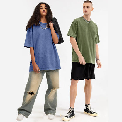 Oversized T Shirts Acid Wash Cotton Crew Neck Half Short Sleeve Summer Unisex Tees Casual Loose Fit Solid Streetwear Comfortable Tops Basic Womenswear Plain Tshirt