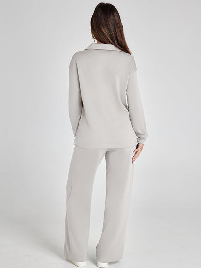 Women's 2 Piece Sets Outfits Casual Long Sleeve Sweatsuits Polo Top and Wide Leg Pants Matching Sets