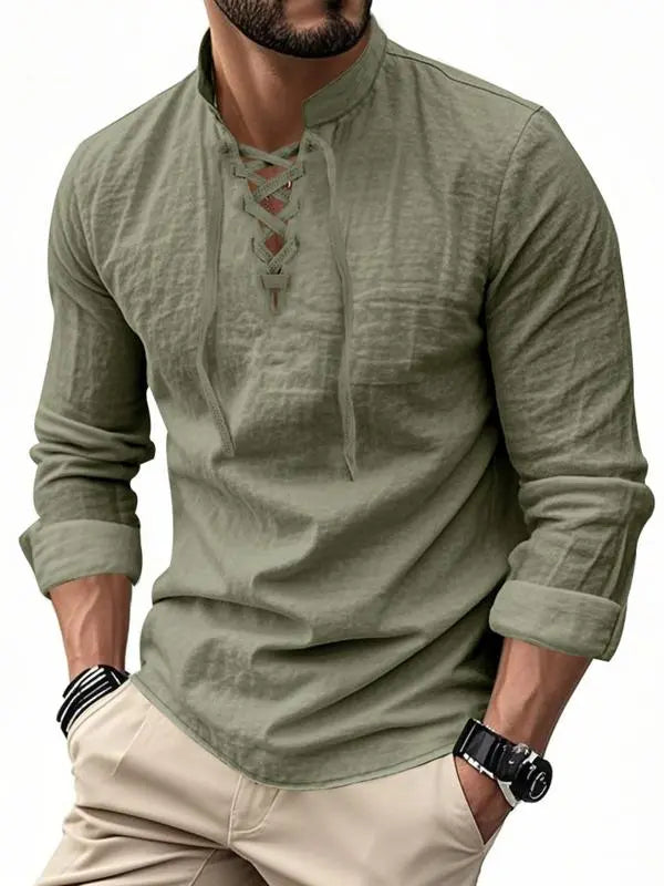 Men's Linen Casual Long Sleeve Polo Shirt