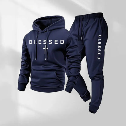 Blessed Cross Letter Print Hoodie & Drawstring Sweatpants Set