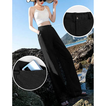 🔥Last day promotion🔥Womens Cotton Linen Pants Casual Button Up High Waisted Wide Leg Trousers Wideleg