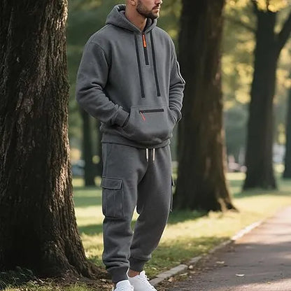Men’s Fleece-Lined 2-Piece Tracksuit: Tactical Quarter-Zip Hoodie + Cargo Joggers