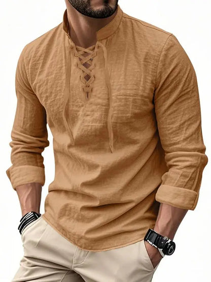 Men's Linen Casual Long Sleeve Polo Shirt