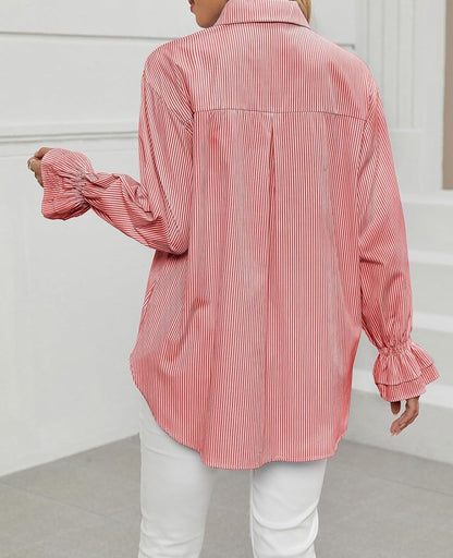 Women's Striped Button Down Shirts Smocked Cuffed Boyfriend Shirt Long Sleeve Blouse Top with 3 Pockets