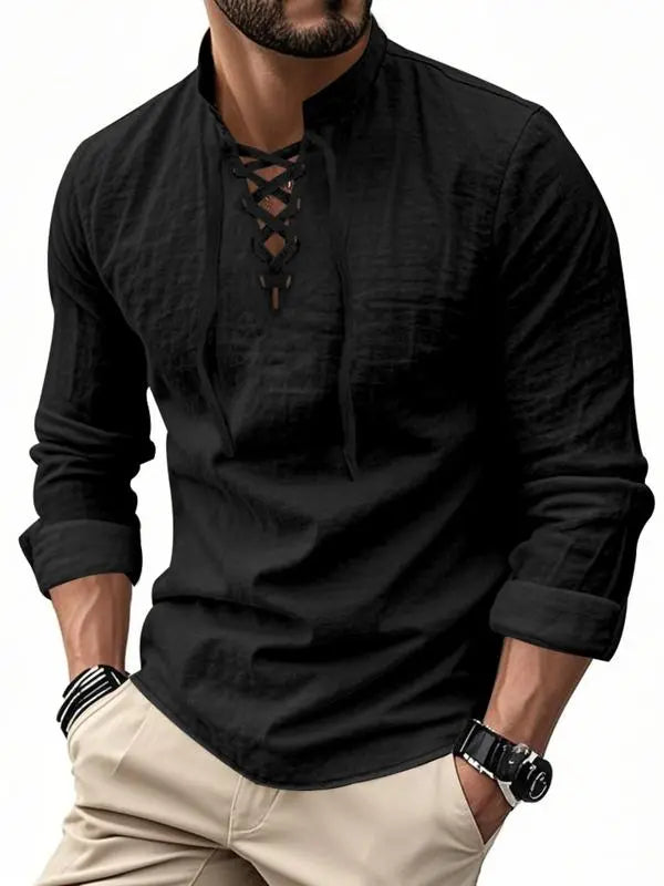 Men's Linen Casual Long Sleeve Polo Shirt