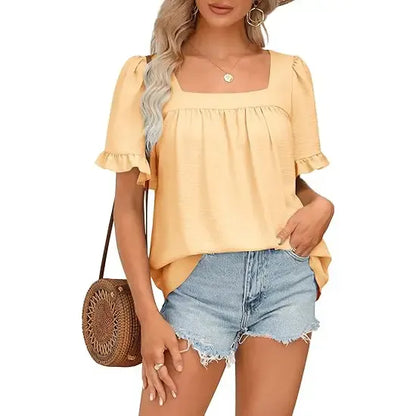 Women's Square Neck Peplum Top with Whimsical Ruffle Sleeves