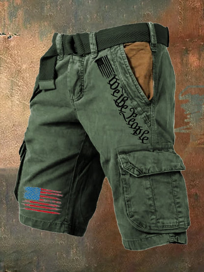 Men's Vintage Flag Independence Day Multi-Pocket Print Cargo Shorts (Belt Included)