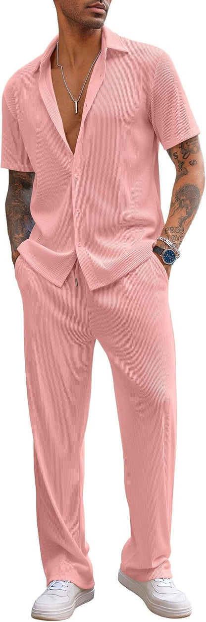 Men's 2 Piece Outfit Casual Short Sleeve Button Down Shirt Beach Summer Loose Pant Sets