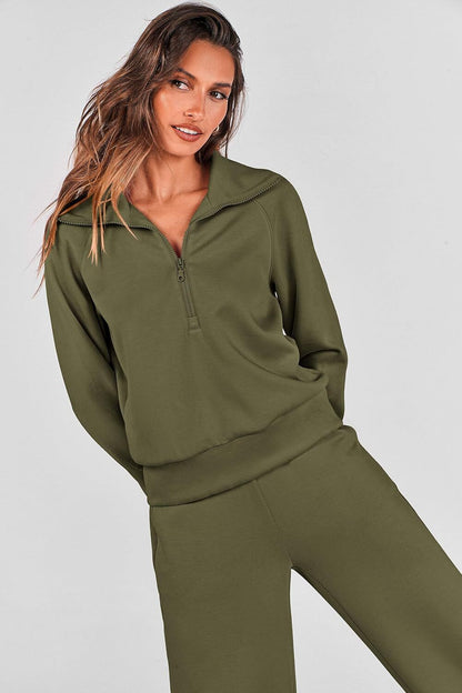 Women's 2 Piece Outfits Casual Lapel Half Zip Sweatshirts And Wide Leg Pants Tracksuit Sets