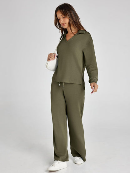 Women's 2 Piece Sets Outfits Casual Long Sleeve Sweatsuits Polo Top and Wide Leg Pants Matching Sets