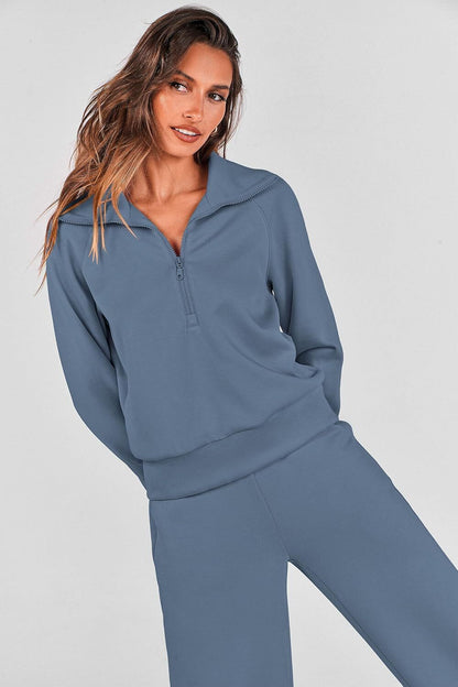 Women's 2 Piece Outfits Casual Lapel Half Zip Sweatshirts And Wide Leg Pants Tracksuit Sets