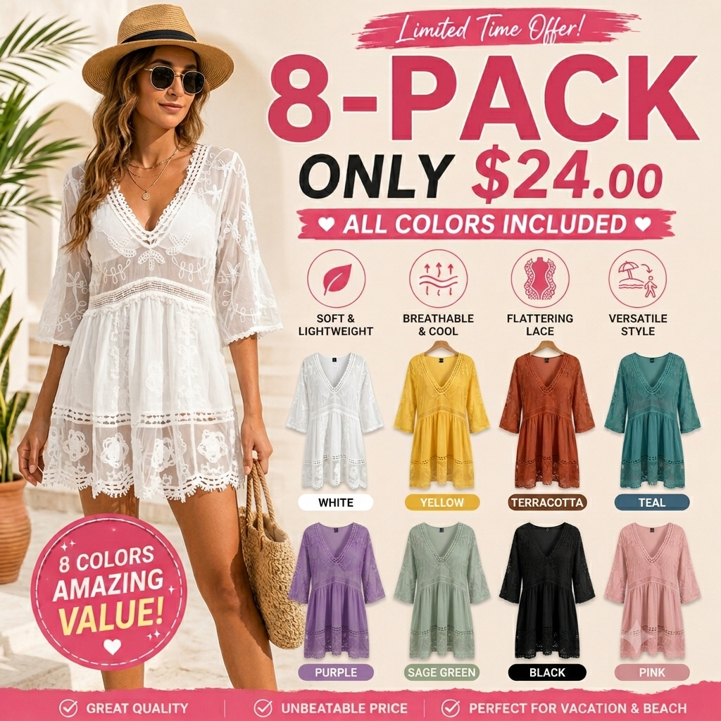 Boho Lace Beach Cover-Up Dress – V-Neck Sheer Swim Cover(Buy 2 Free Shipping)