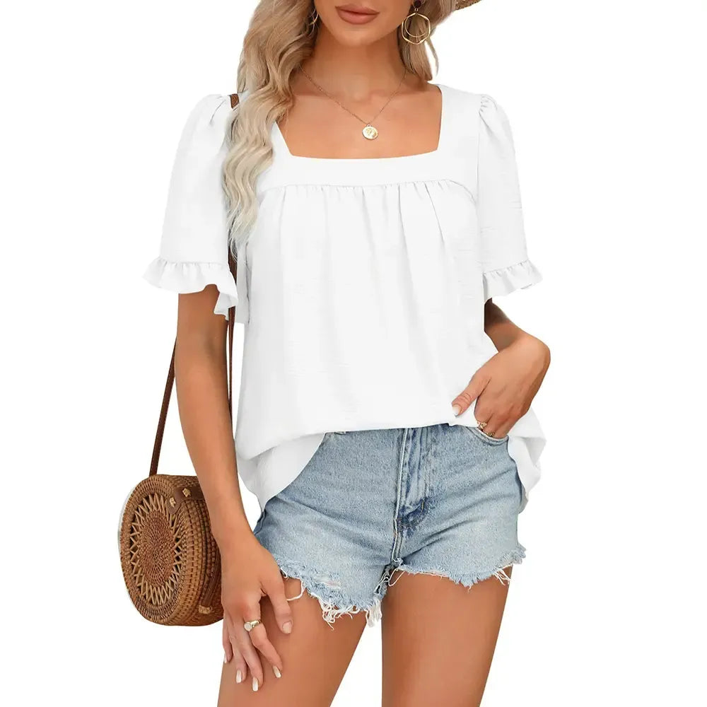 Women's Square Neck Peplum Top with Whimsical Ruffle Sleeves