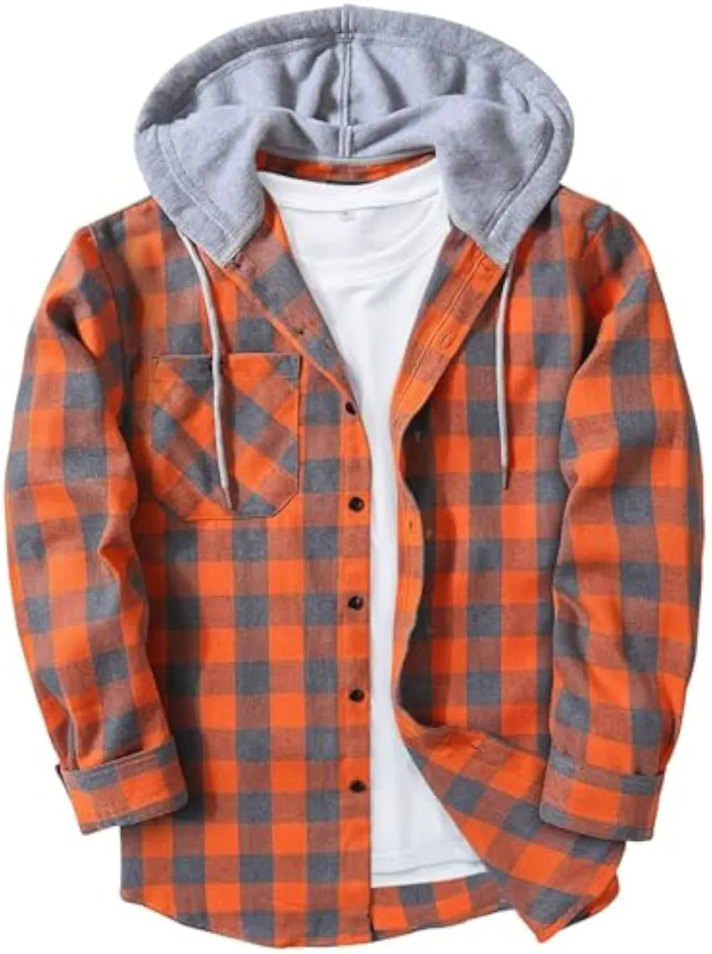 Men’s Plus Size Plaid Patchwork Hooded Jacket – Button Front Casual Outerwear with Pockets