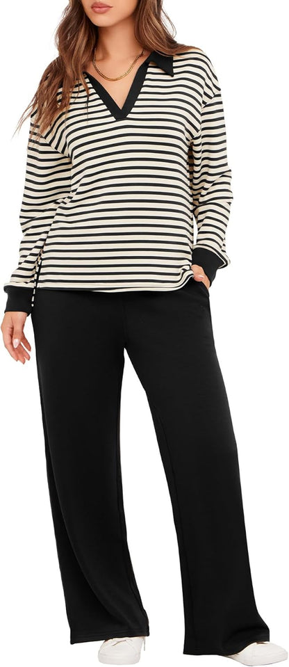 Women's 2 Piece Sets Outfits Casual Long Sleeve Sweatsuits Polo Top and Wide Leg Pants Matching Sets