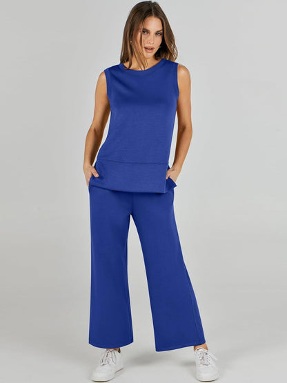 Women's 2 Piece Sets Summer Outfits Sleeveless Wide Leg Tracksuits Casual Sweat Sets Lounge Sweatsuits