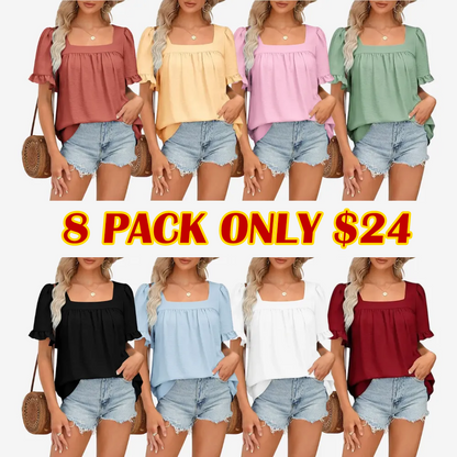 Women's Square Neck Peplum Top with Whimsical Ruffle Sleeves