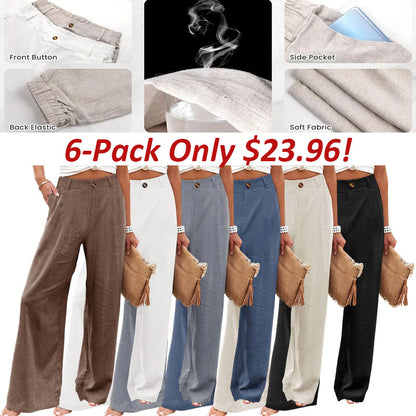 🔥Last day promotion🔥Womens Cotton Linen Pants Casual Button Up High Waisted Wide Leg Trousers Wideleg