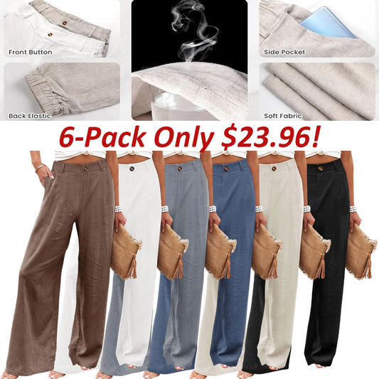 🔥Last day promotion🔥Womens Cotton Linen Pants Casual Button Up High Waisted Wide Leg Trousers Wideleg