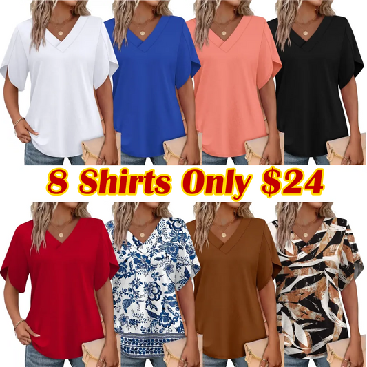 FASHION Womens Summer Tops Short Petal Sleeve Shirts V Neck Outfits Clothes