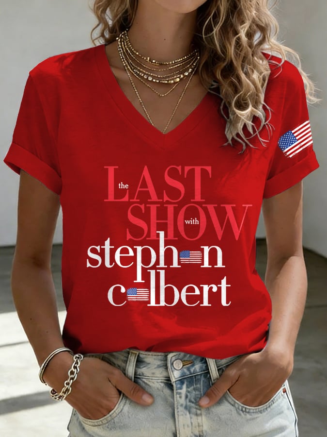 V-Neck Retro Last Show Print T-Shirt