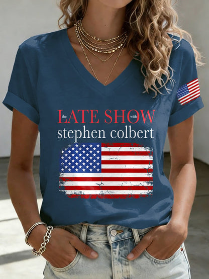 V-Neck Retro Last Show Print T-Shirt