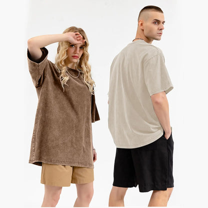 Oversized T Shirts Acid Wash Cotton Crew Neck Half Short Sleeve Summer Unisex Tees Casual Loose Fit Solid Streetwear Comfortable Tops Basic Womenswear Plain Tshirt