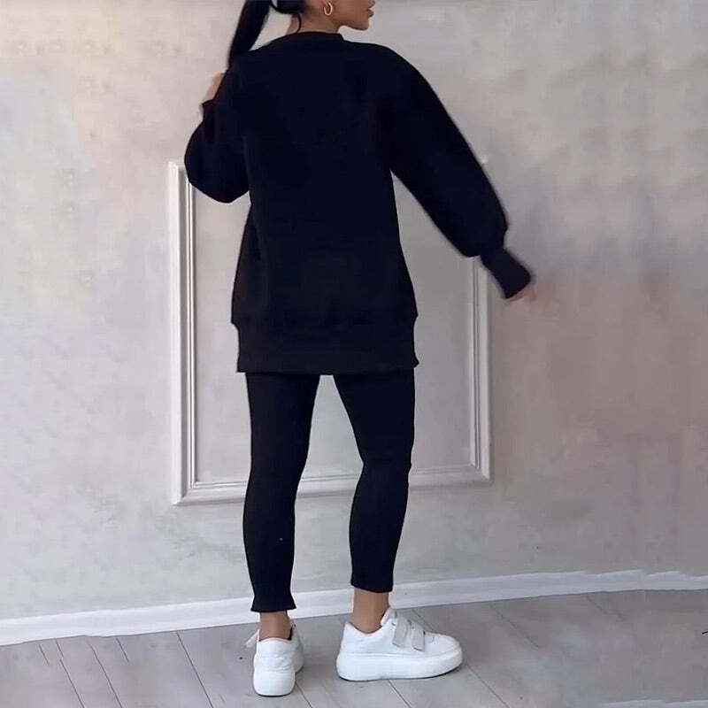 🎉Christmas Deals🎉Women's Casual Solid Color Round Neck Long Sleeve Slit Hem Sweatshirt Leggings Set