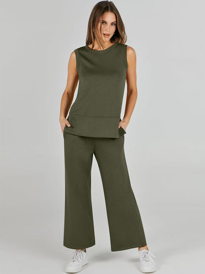 Women's 2 Piece Sets Summer Outfits Sleeveless Wide Leg Tracksuits Casual Sweat Sets Lounge Sweatsuits