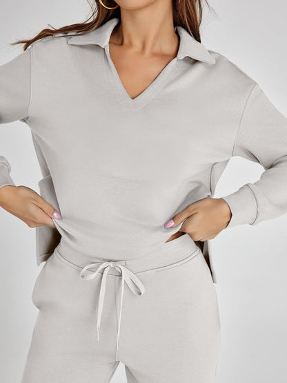 Women's 2 Piece Sets Outfits Casual Long Sleeve Sweatsuits Polo Top and Wide Leg Pants Matching Sets