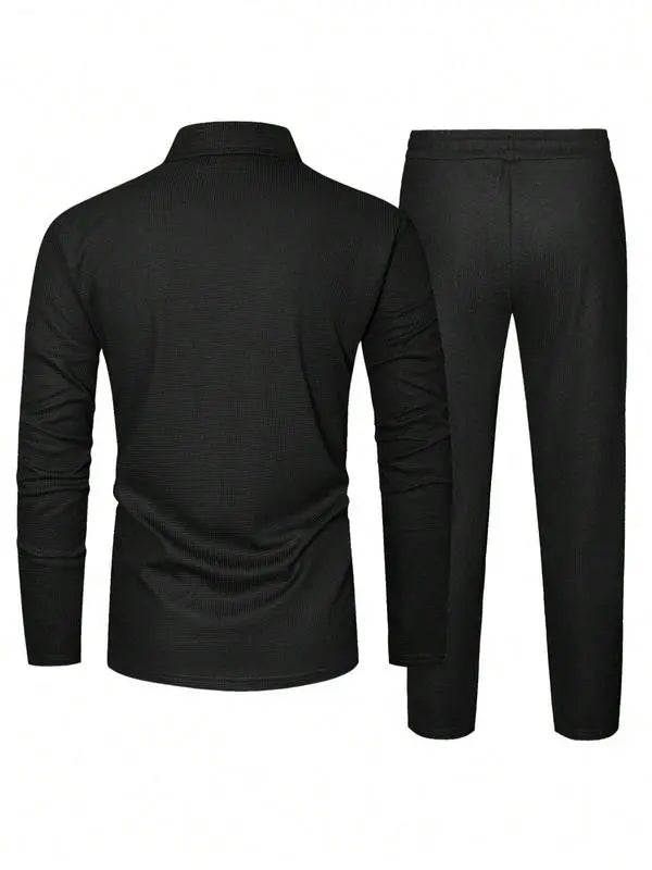 Men's Solid Textured Long Sleeve Polo Shirt & Drawstring Waist Pants Set