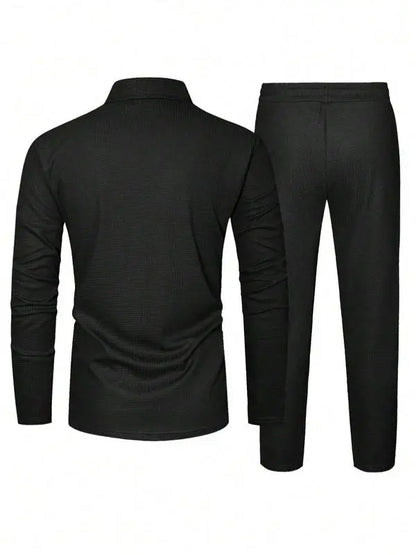 Men's Solid Textured Long Sleeve Polo Shirt & Drawstring Waist Pants Set