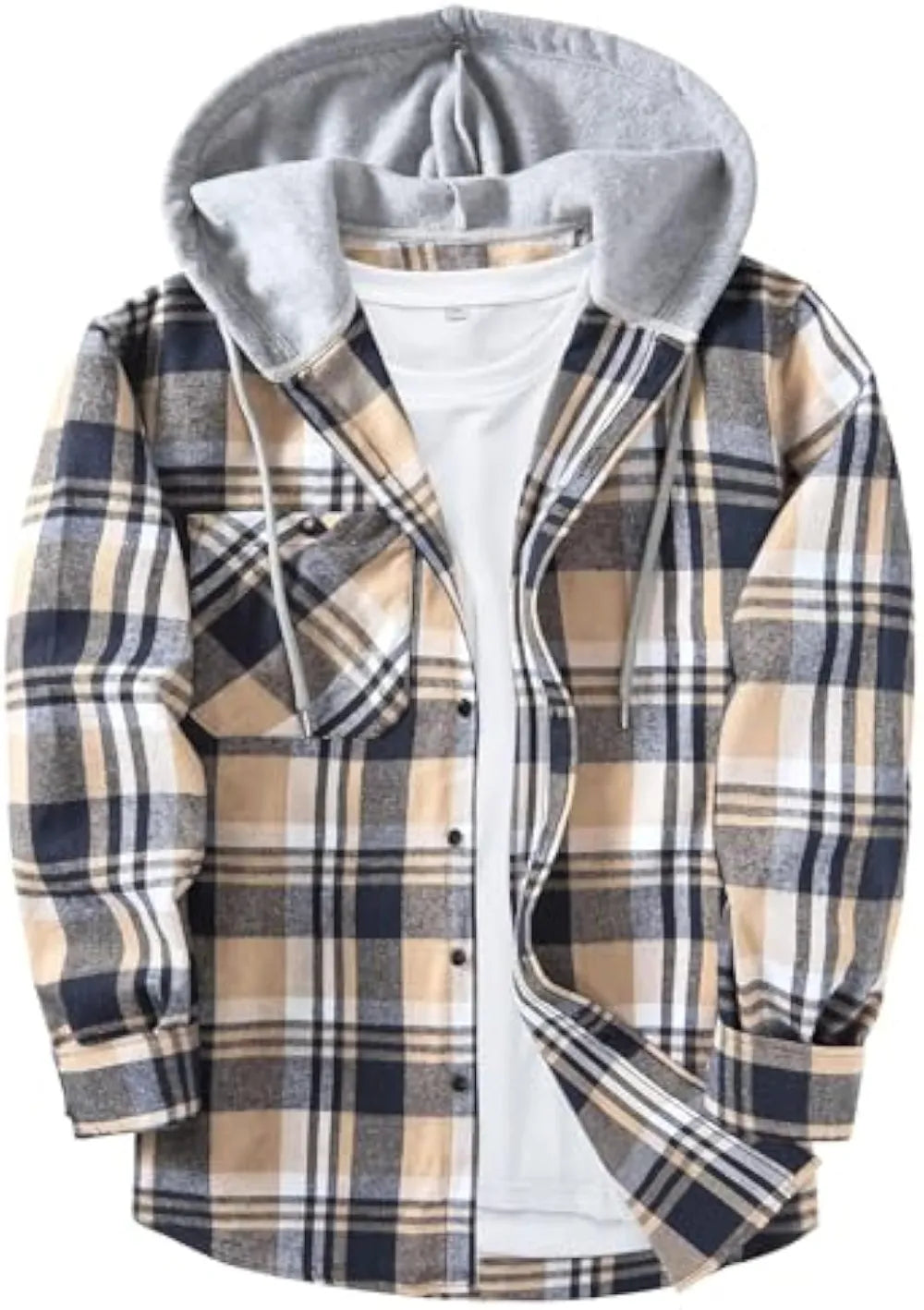 Men’s Plus Size Plaid Patchwork Hooded Jacket – Button Front Casual Outerwear with Pockets