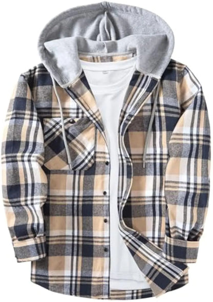 Men’s Plus Size Plaid Patchwork Hooded Jacket – Button Front Casual Outerwear with Pockets