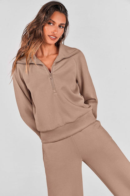 Women's 2 Piece Outfits Casual Lapel Half Zip Sweatshirts And Wide Leg Pants Tracksuit Sets