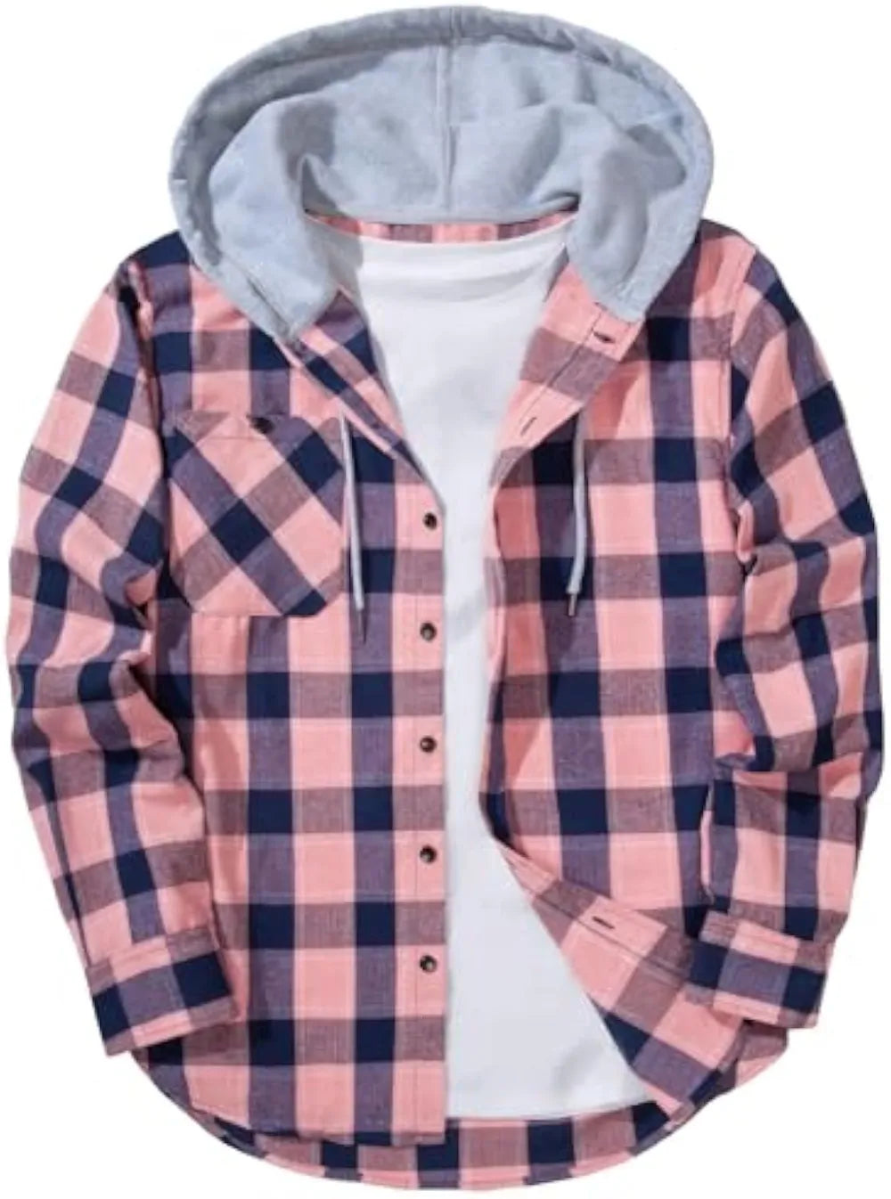 Men’s Plus Size Plaid Patchwork Hooded Jacket – Button Front Casual Outerwear with Pockets