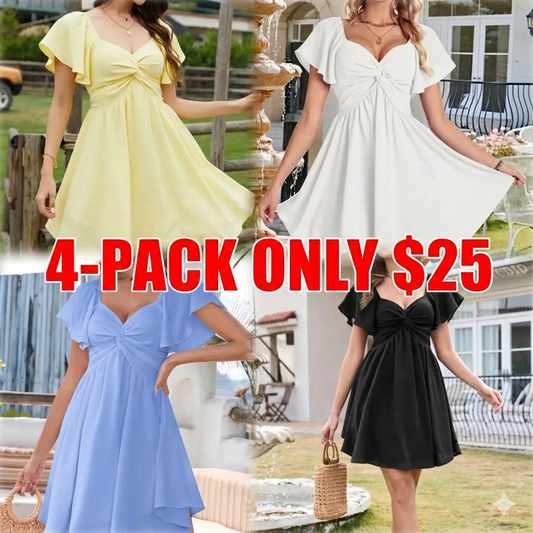 Chicovar Women's Summer Sweetheart NecklineKnot Front Flowy Mini Chiffon Dresses , Flutter Sleeve, Tie-Back, A-Line Cut, No Scratchy, No Sheer, Wedding Guest,Bridal Shower, Church, Party, Casual, or Daily Wear, Summervibes
