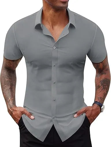 Men's Short Sleeve Stretch Slim Fit Casual Button Down Shirts