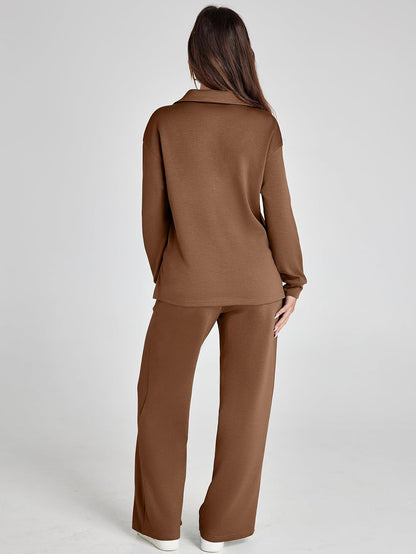 Women's 2 Piece Sets Outfits Casual Long Sleeve Sweatsuits Polo Top and Wide Leg Pants Matching Sets