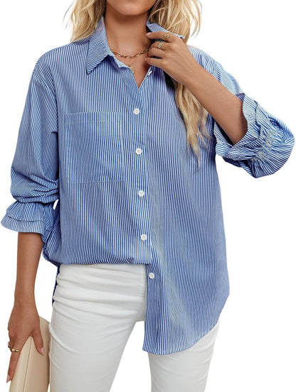 Women's Striped Button Down Shirts Smocked Cuffed Boyfriend Shirt Long Sleeve Blouse Top with 3 Pockets