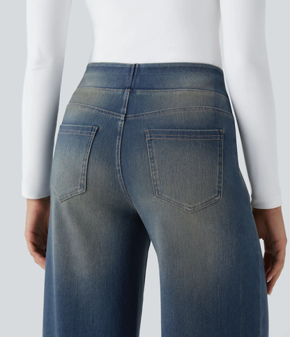 💝Last Day Promotion⚡High Waisted Multiple Pockets Baggy Wide Leg Washed Stretchy Knit Casual Jeans